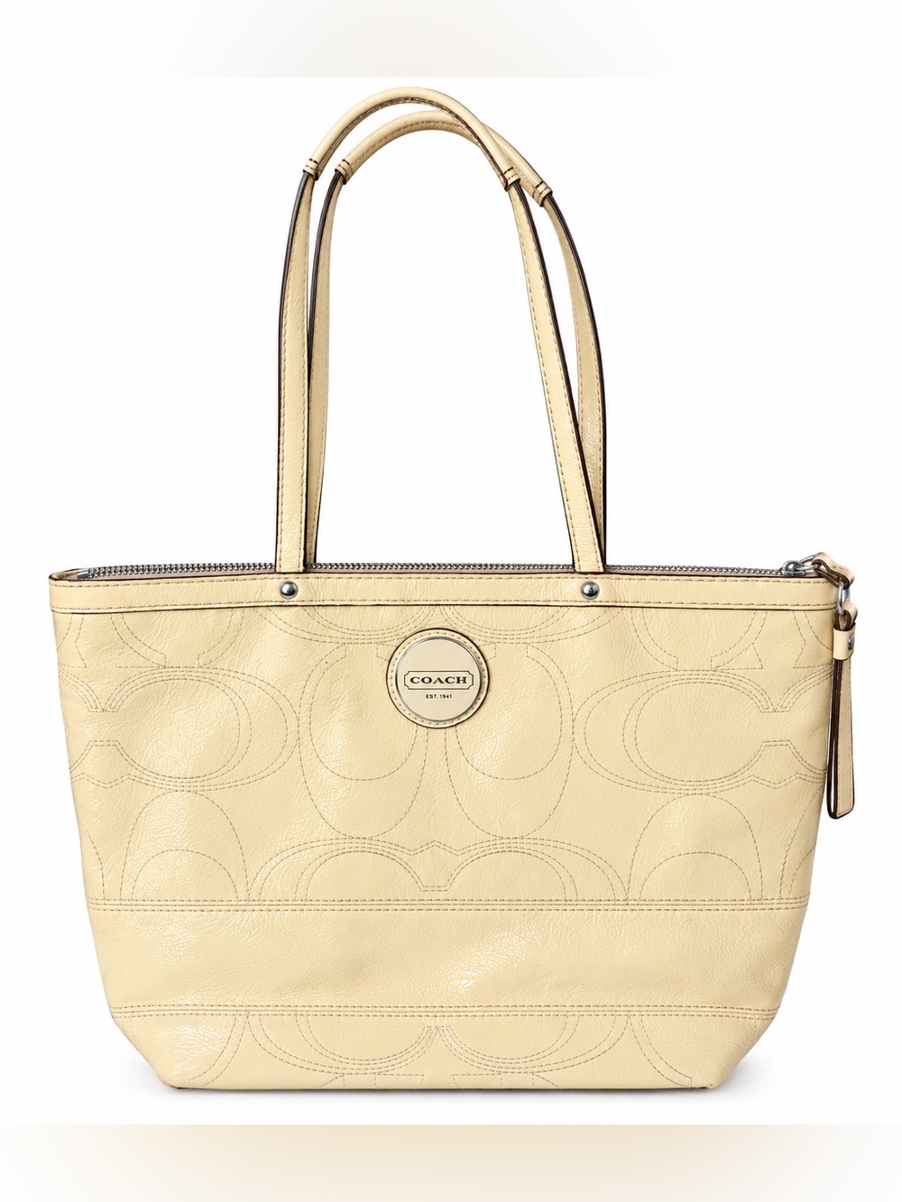 COACH F15142 Cream Yellow Patent Leather Signature C Zip Top Tote Bag